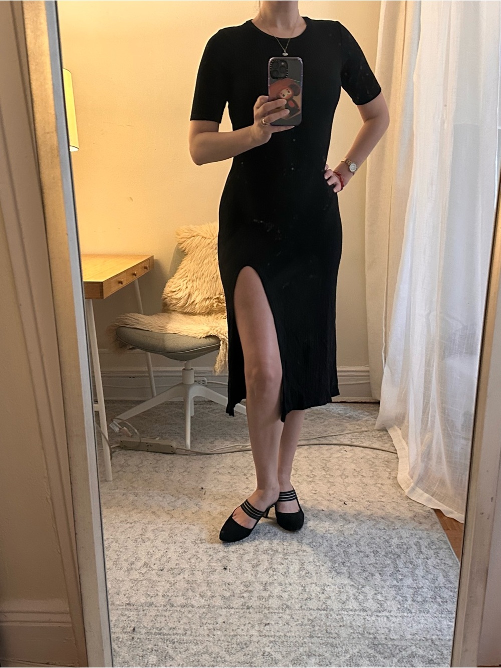 Reformation Olympia Black Ribbed Midi Dress with Thigh Slit, Size S - Picture 3 of 8